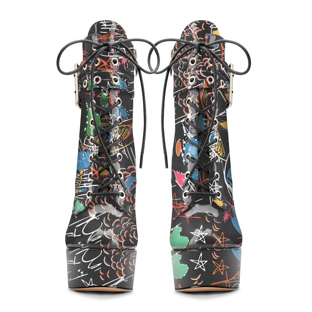 Black multi-color platform pumps ankle boots with lace-up design and artistic abstract patterns