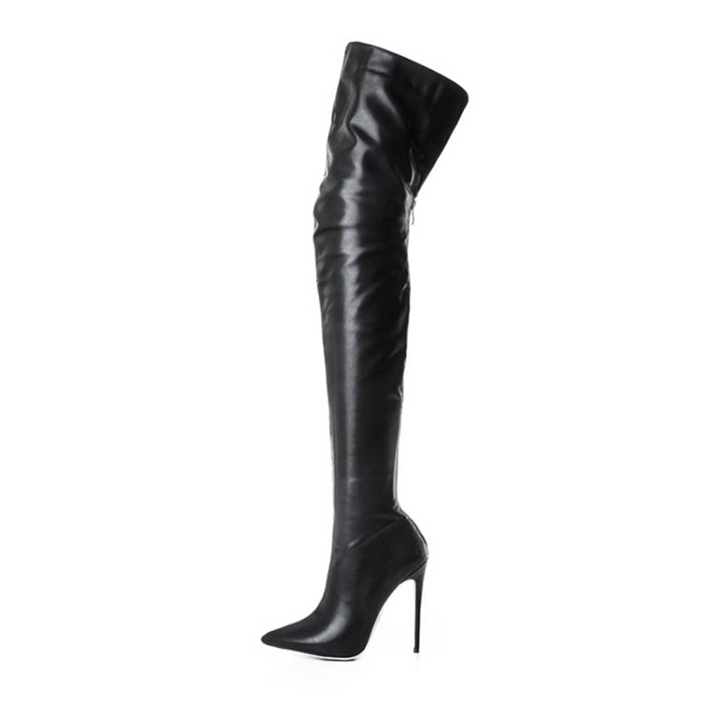 Black high-heeled over the knee boots for women with pointed toes and sleek leather finish
