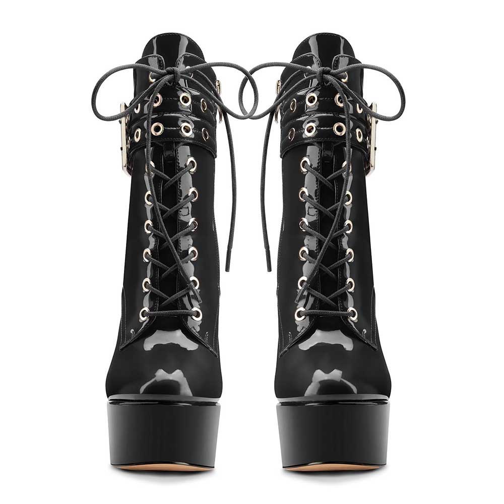 Black patent leather platform buckle ankle boots for women with lace-up front and high chunky heel