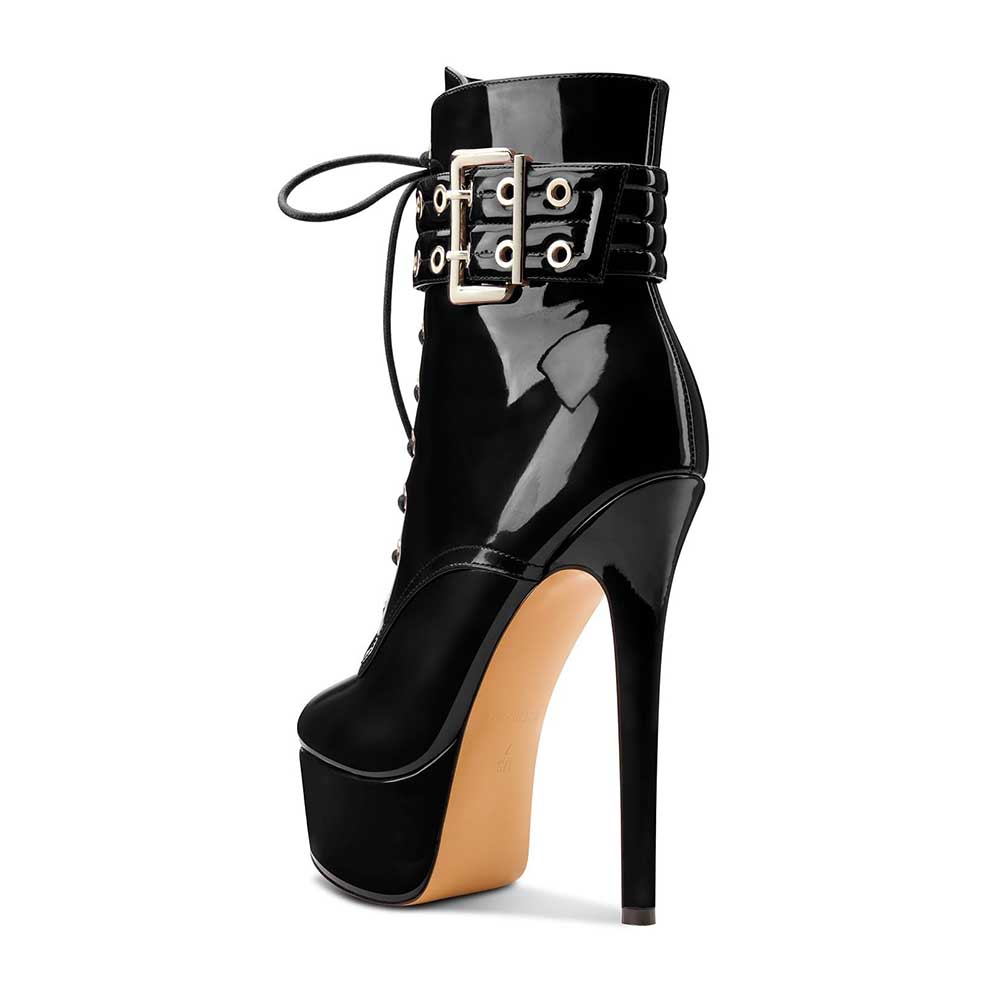Shiny black platform buckle ankle boots for women with high stiletto heel and lace-up front