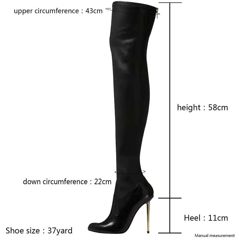 Black pointed toe over-the-knee boots with 11cm heel and detailed circumference measurements