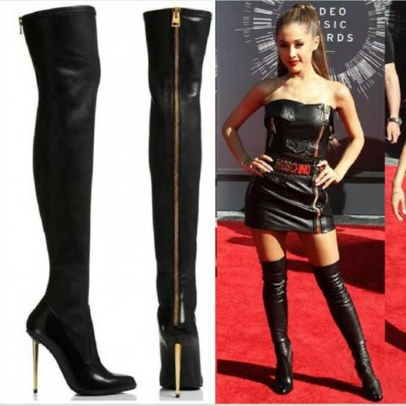 Black pointed toe over-the-knee boots with gold stiletto heels and full back zipper