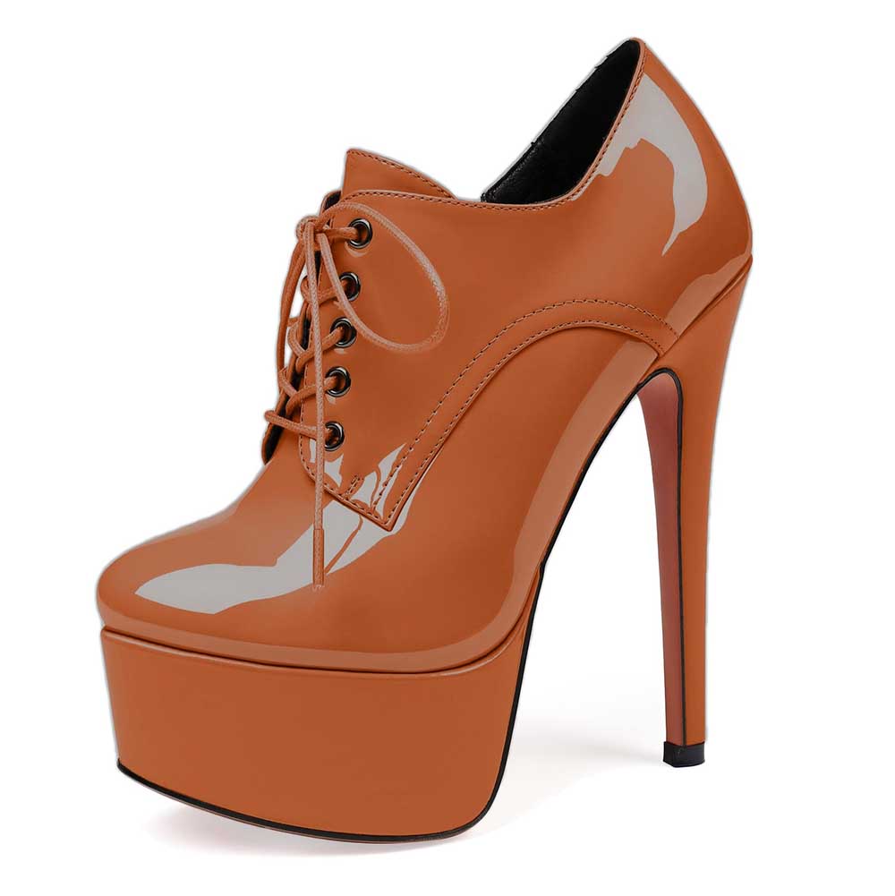 Brown high platform ankle boot with lace-up front and glossy finish black round toe booties for women