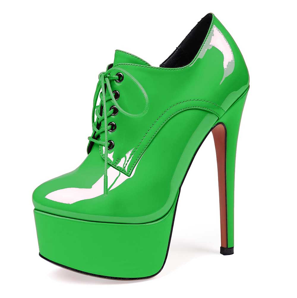 Green platform ankle boots with high stiletto heel and lace-up front for women