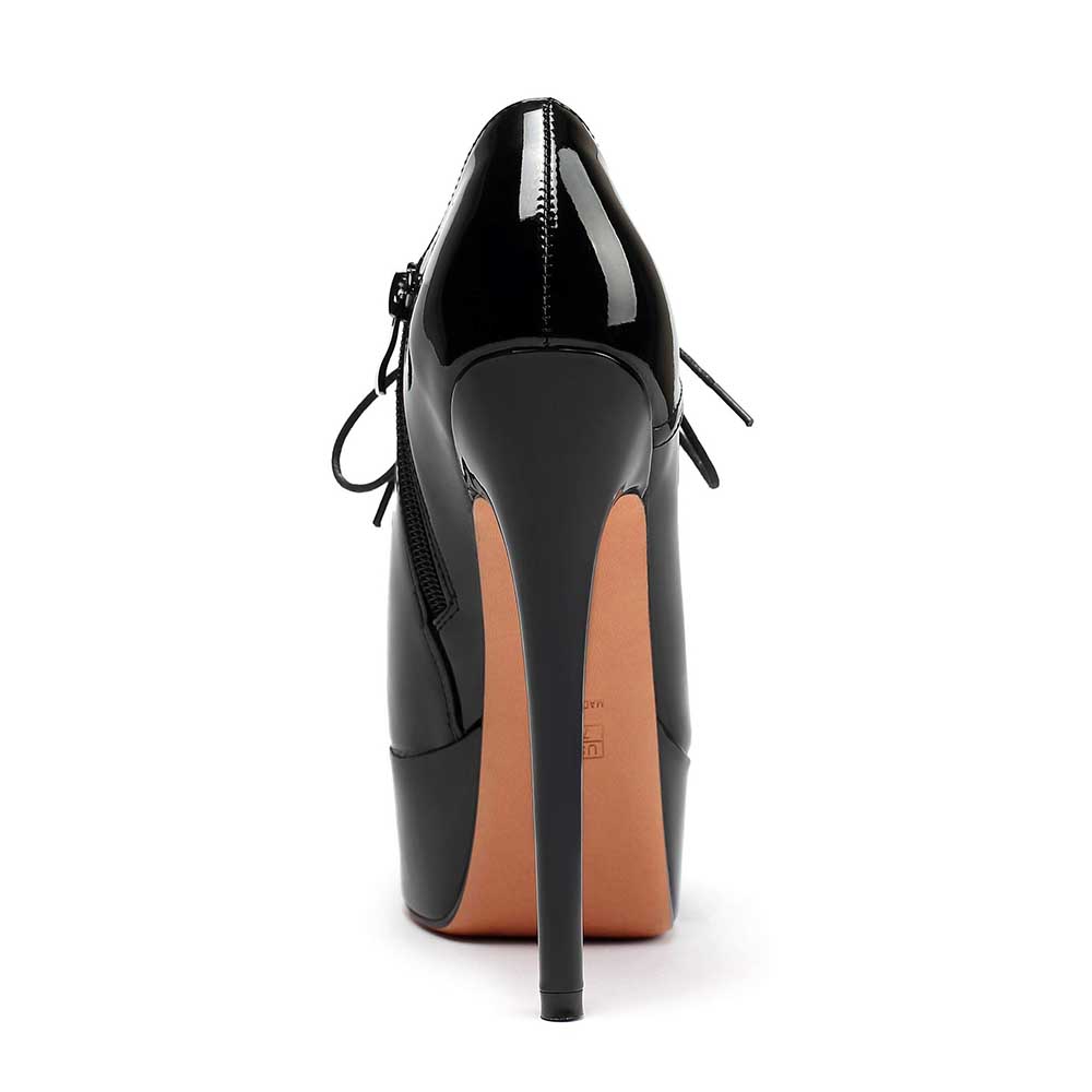 Black round toe booties for women with high stiletto heel and glossy finish