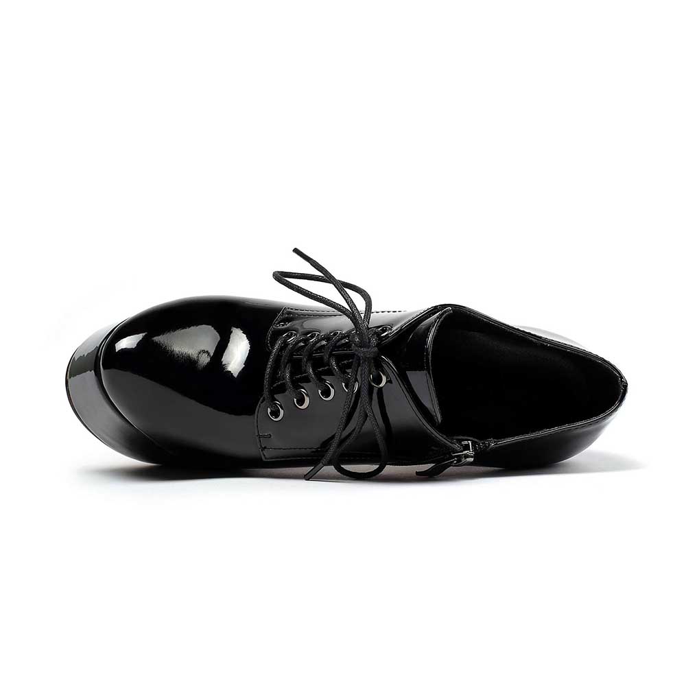 Shiny black round toe booties for women with lace-up design and smooth finish