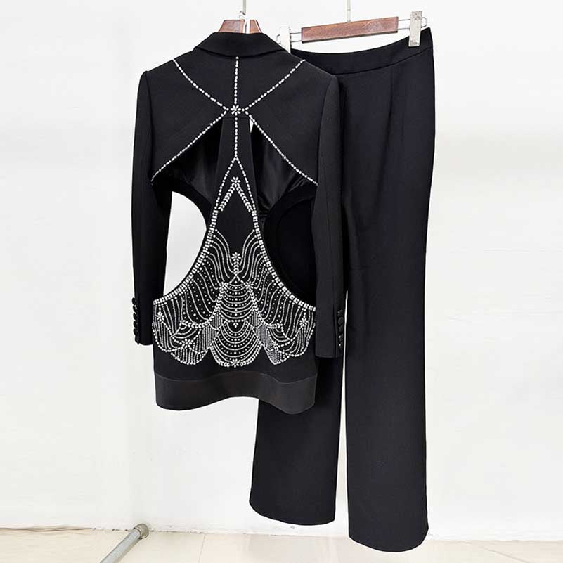 One Button Black Cut-out Embellished Blazer Pants Set Formal Suit