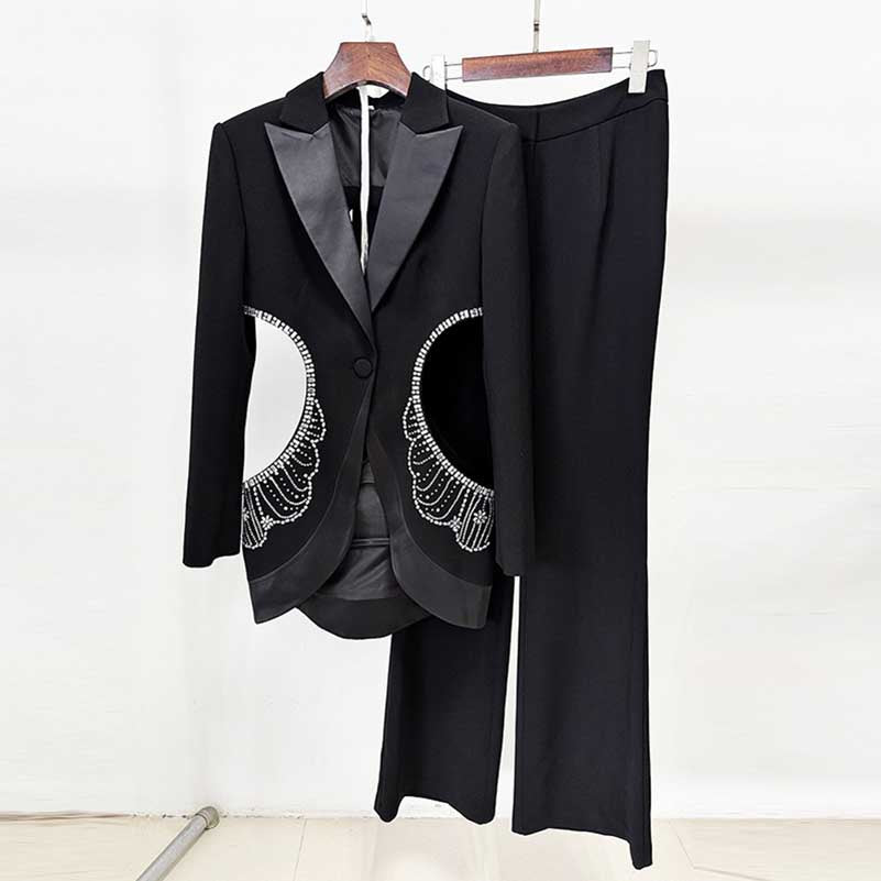 One Button Black Cut-out Embellished Blazer Pants Set Formal Suit