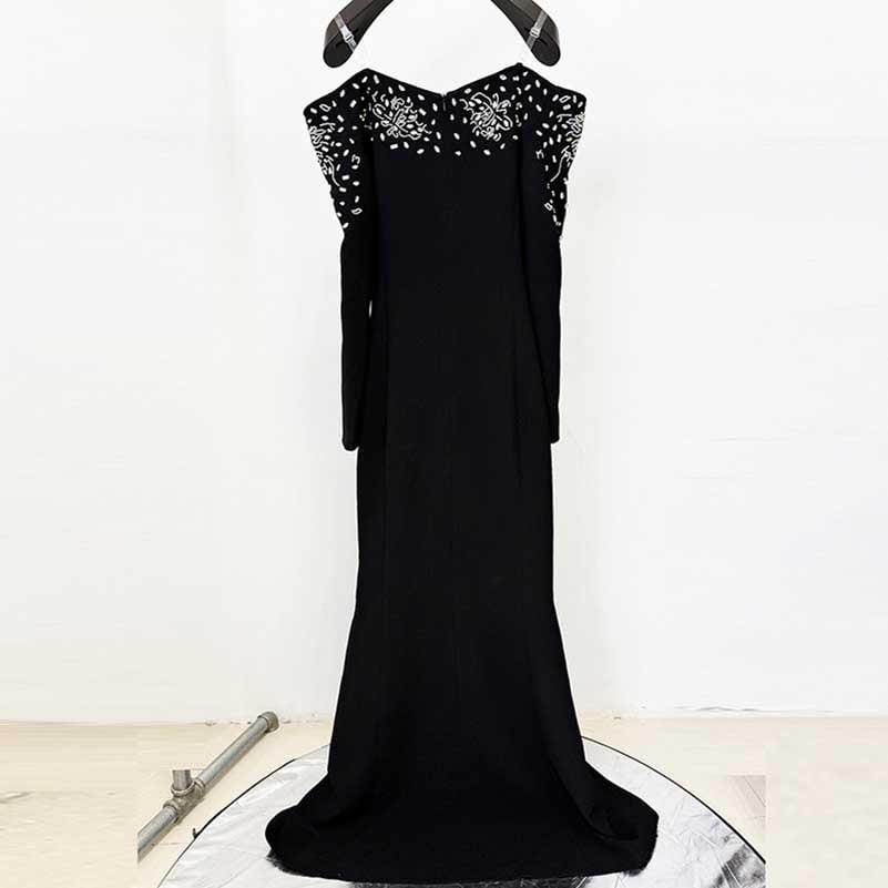 Off-The-Shoulder Black Beaded Long Prom Dress Mermaid Ball Gown
