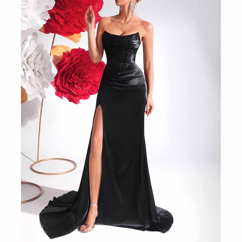 Corset Black Prom Dress With Split Sweetheart Formal Dress