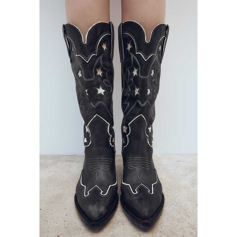 Women's Black Cowboy Boots with Star Design
