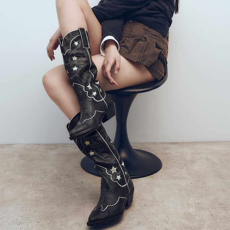 Women's Black Cowboy Boots with Star Design