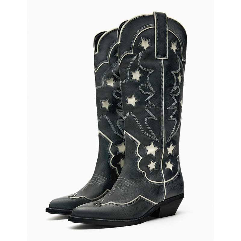 Women's Black Cowboy Boots with Star Design