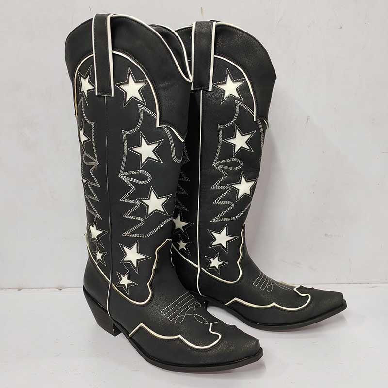 Women's Black Cowboy Boots with Star Design