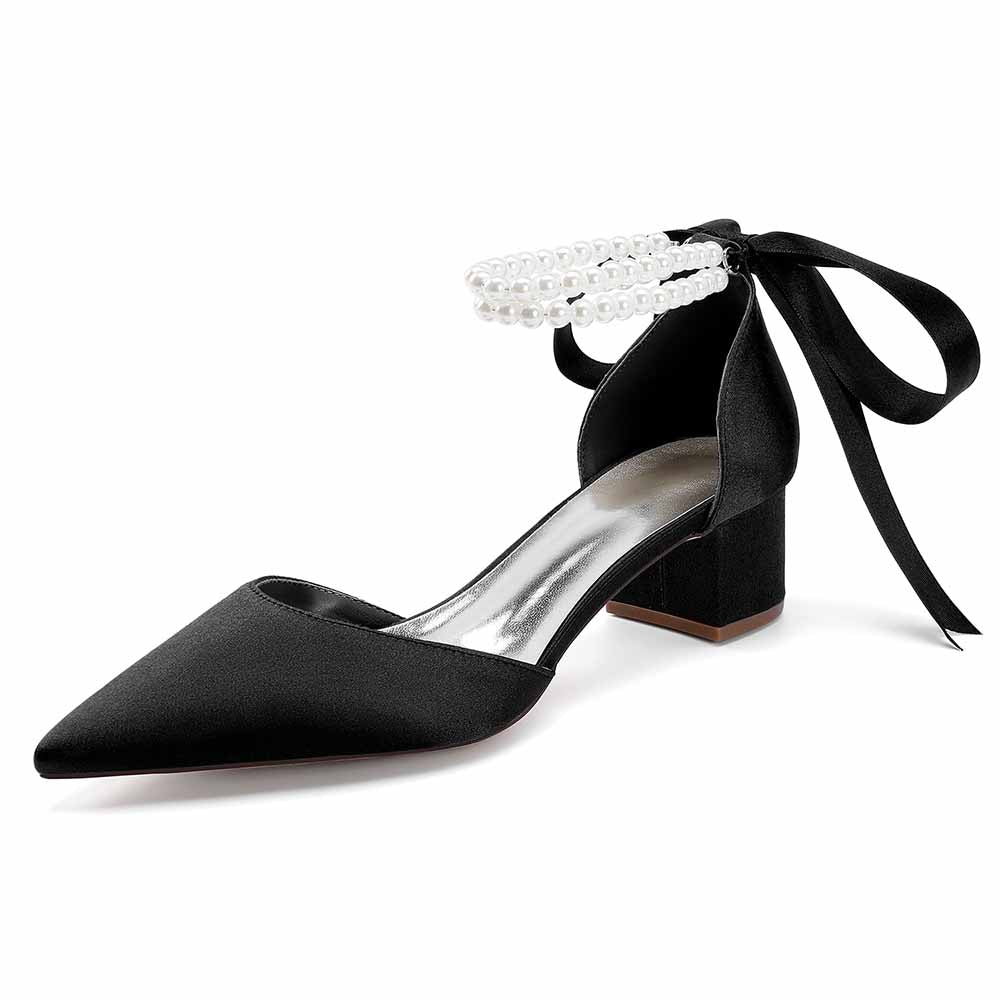 Chunky Heel Dress Sandals Satin Wedding Shoes Lace-Up Pearls Bride Shoes