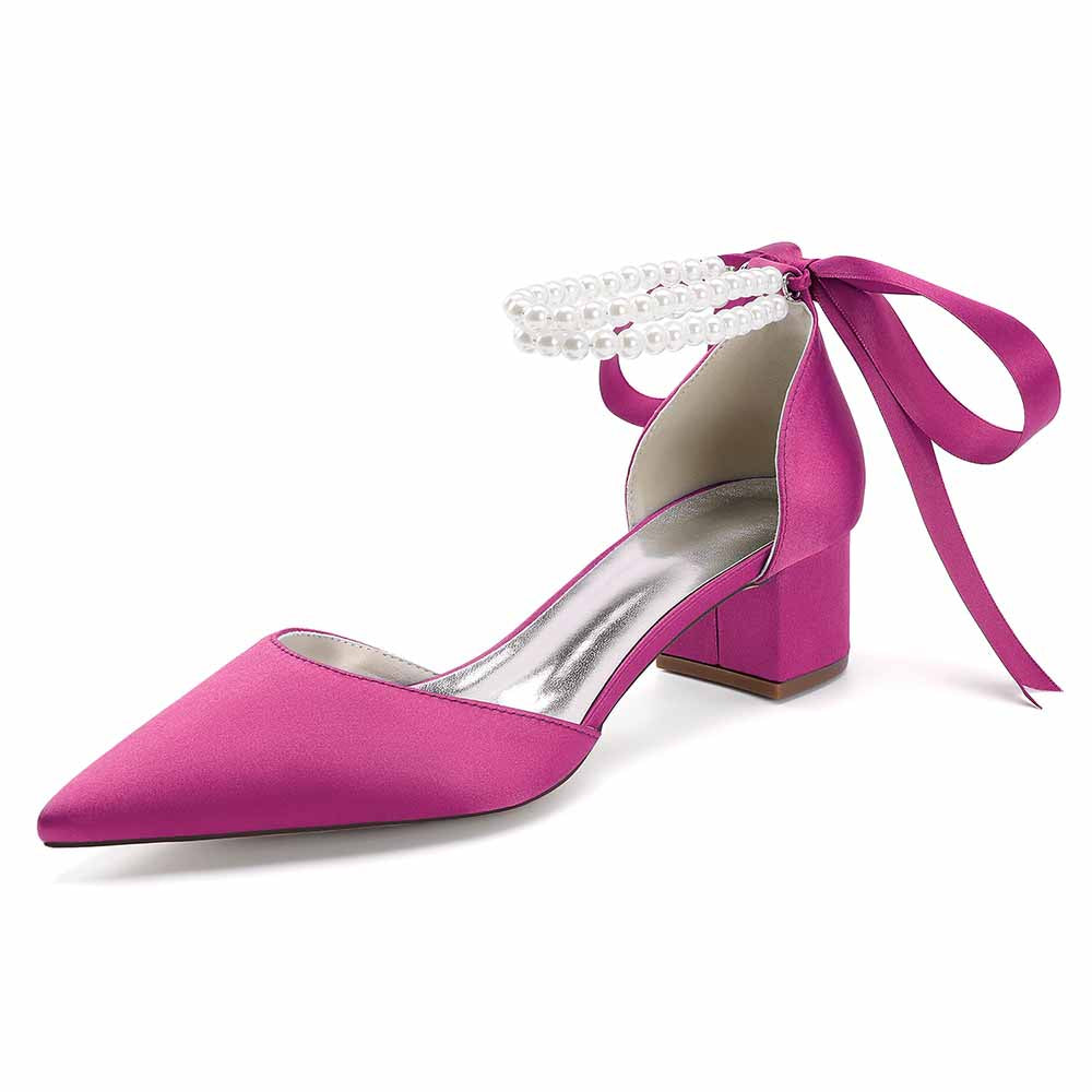 Chunky Heel Dress Sandals Satin Wedding Shoes Lace-Up Pearls Bride Shoes