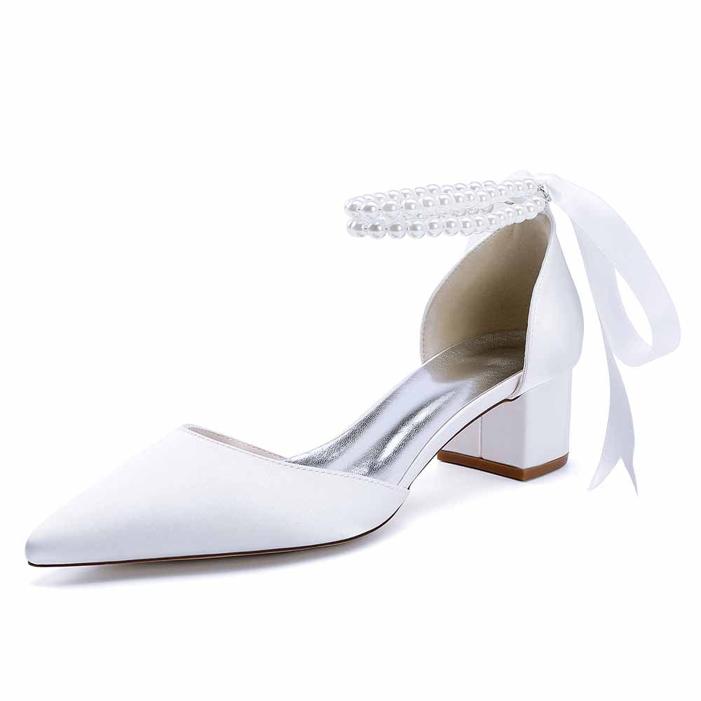 Chunky Heel Dress Sandals Satin Wedding Shoes Lace-Up Pearls Bride Shoes