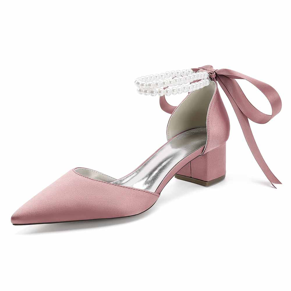 Chunky Heel Dress Sandals Satin Wedding Shoes Lace-Up Pearls Bride Shoes