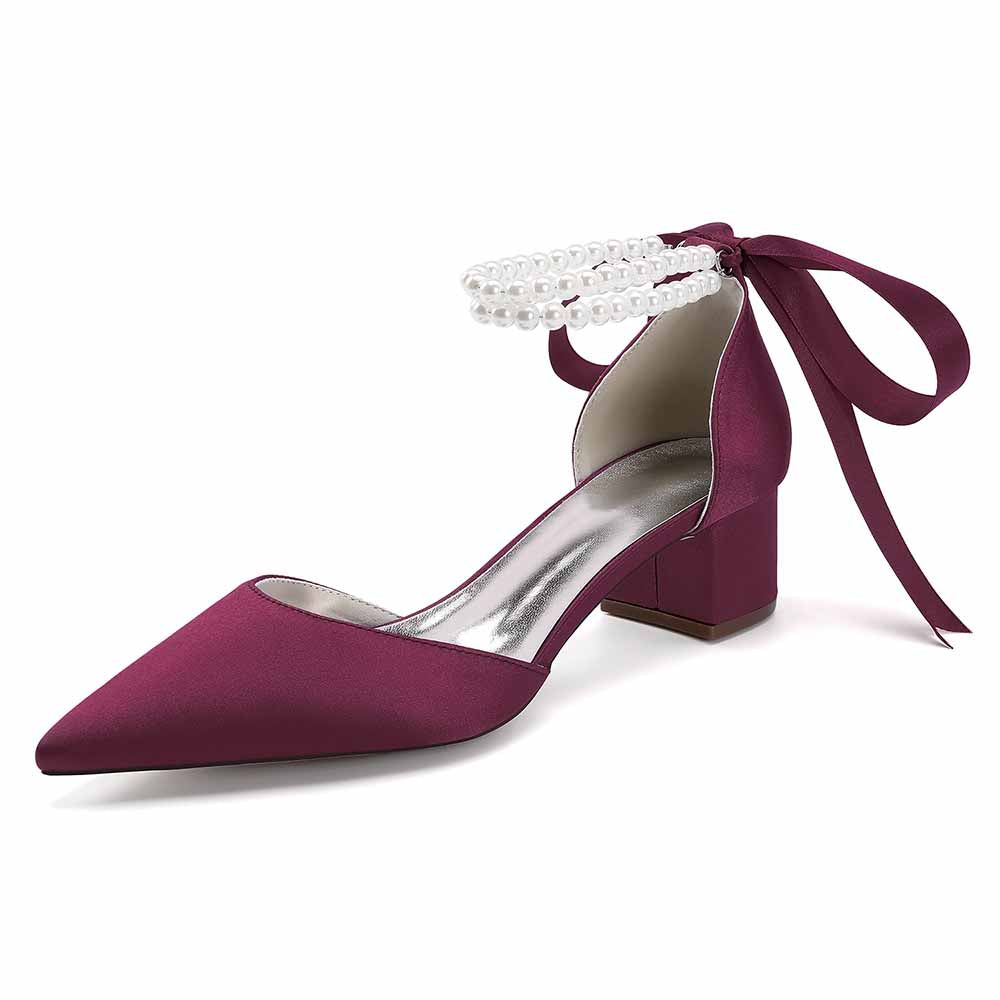 Chunky Heel Dress Sandals Satin Wedding Shoes Lace-Up Pearls Bride Shoes