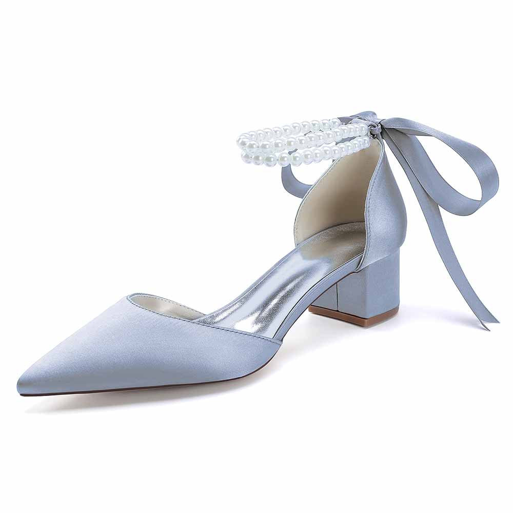 Chunky Heel Dress Sandals Satin Wedding Shoes Lace-Up Pearls Bride Shoes