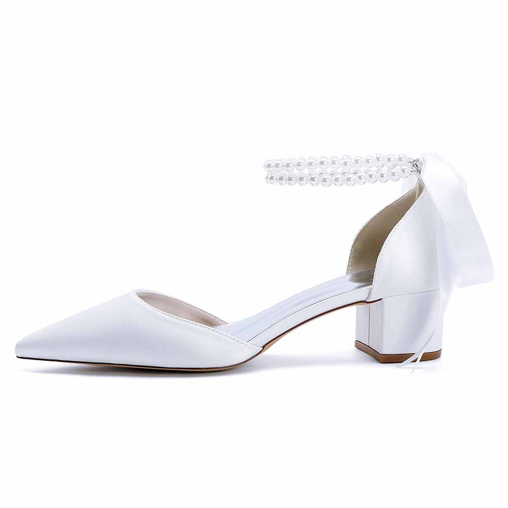 Chunky Heel Dress Sandals Satin Wedding Shoes Lace-Up Pearls Bride Shoes