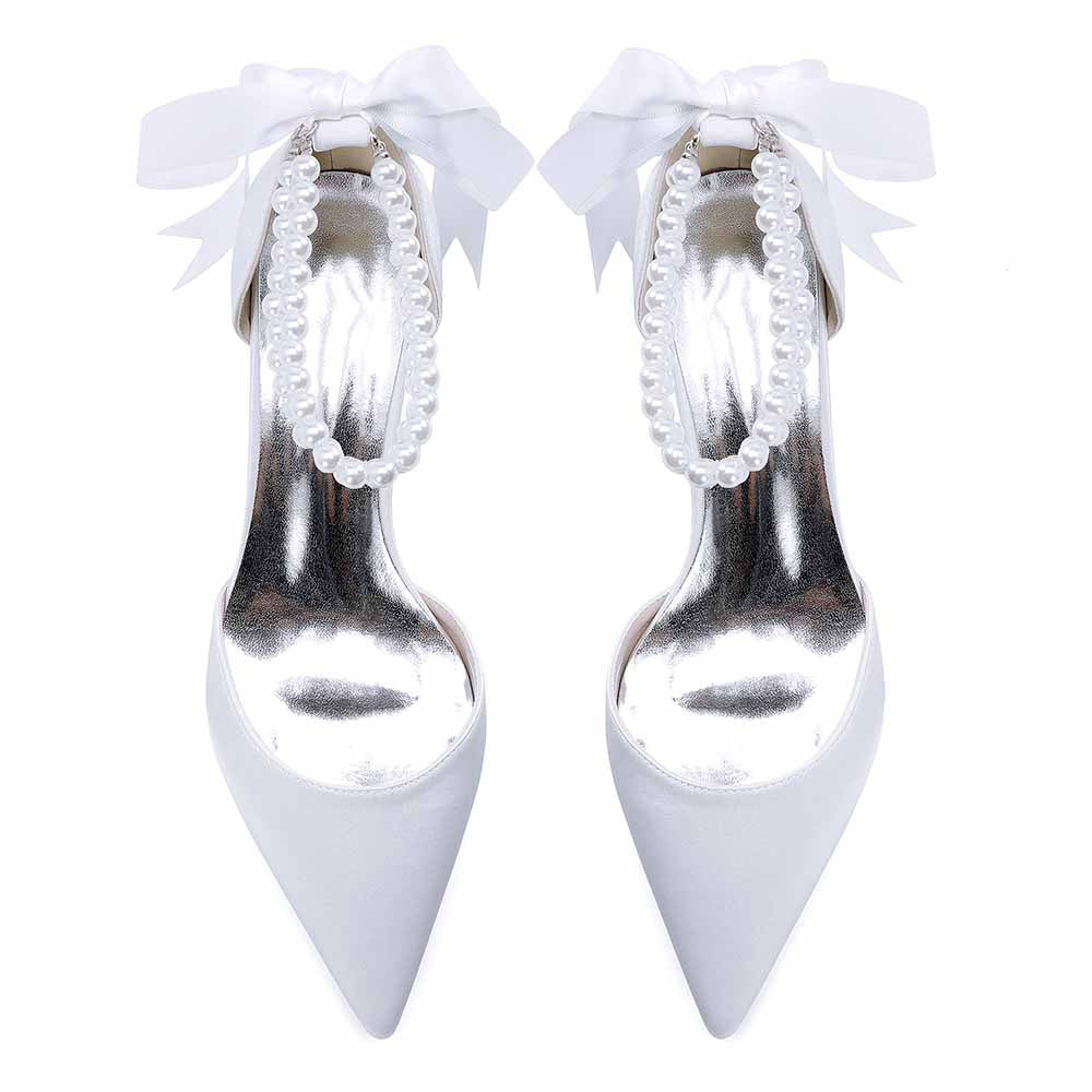 Chunky Heel Dress Sandals Satin Wedding Shoes Lace-Up Pearls Bride Shoes