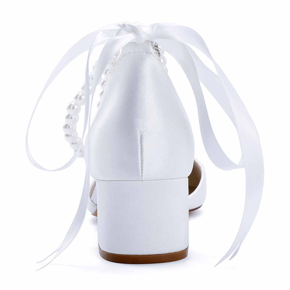 Chunky Heel Dress Sandals Satin Wedding Shoes Lace-Up Pearls Bride Shoes