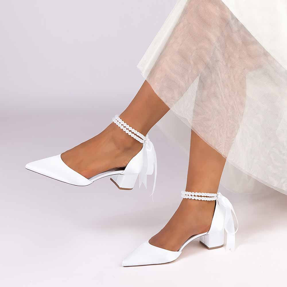 Chunky Heel Dress Sandals Satin Wedding Shoes Lace-Up Pearls Bride Shoes