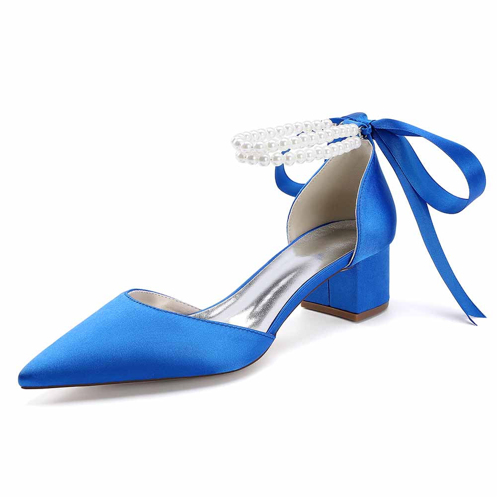 Chunky Heel Dress Sandals Satin Wedding Shoes Lace-Up Pearls Bride Shoes