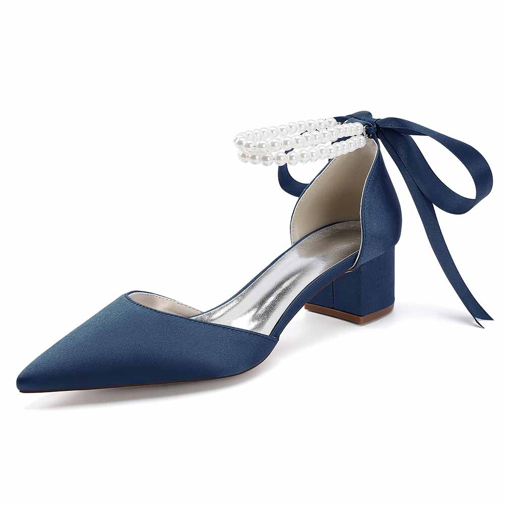 Chunky Heel Dress Sandals Satin Wedding Shoes Lace-Up Pearls Bride Shoes