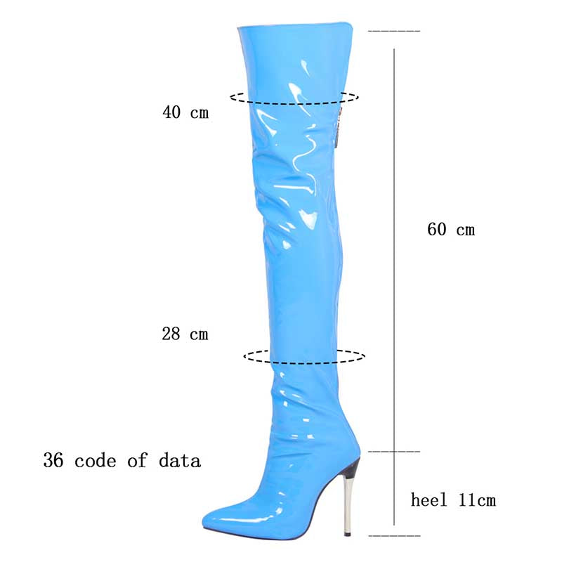 Blue pointed toe stiletto high heel boots with 11cm heel and knee-high shiny design