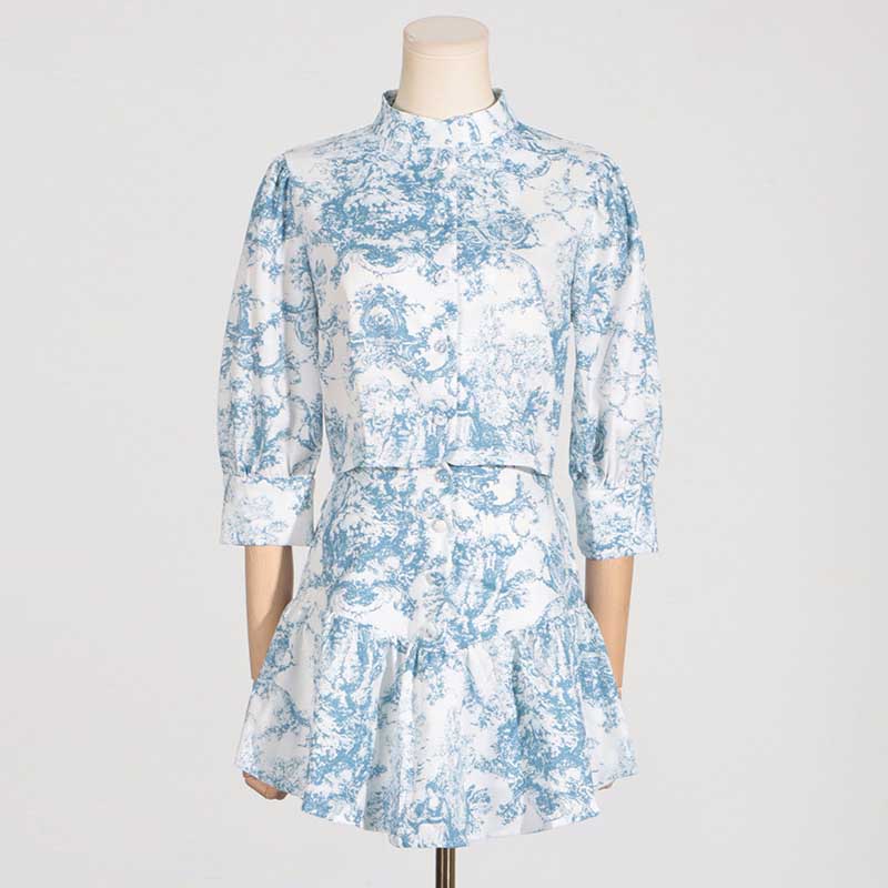 Blue Printed Mini Skirt Suit