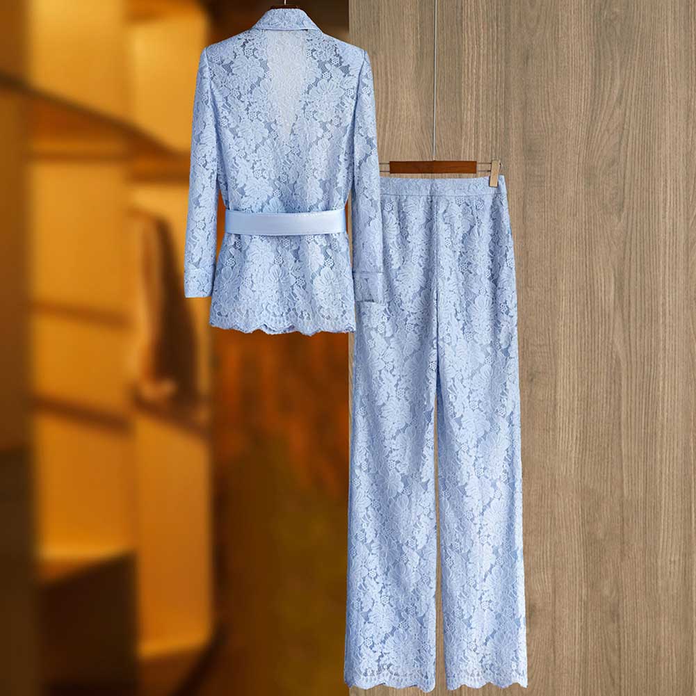 Lace Wedding Pantsuit Light Blue Formal Suit With Lace-Up
