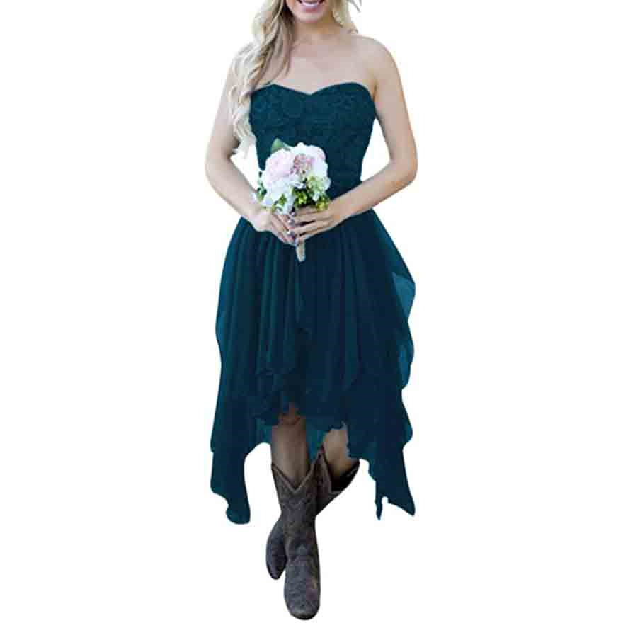 Country High Low Bridesmaid Dress Chiffon Lace Wedding Guest Outfit