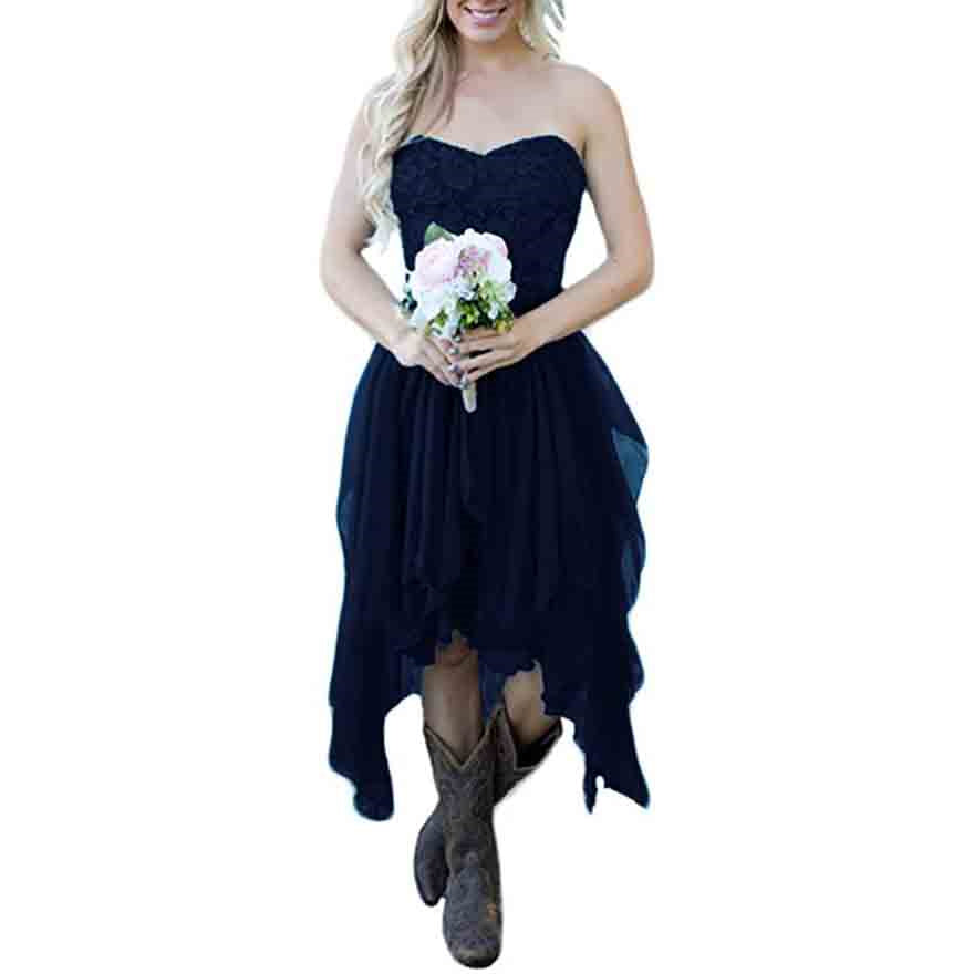 Country High Low Bridesmaid Dress Chiffon Lace Wedding Guest Outfit