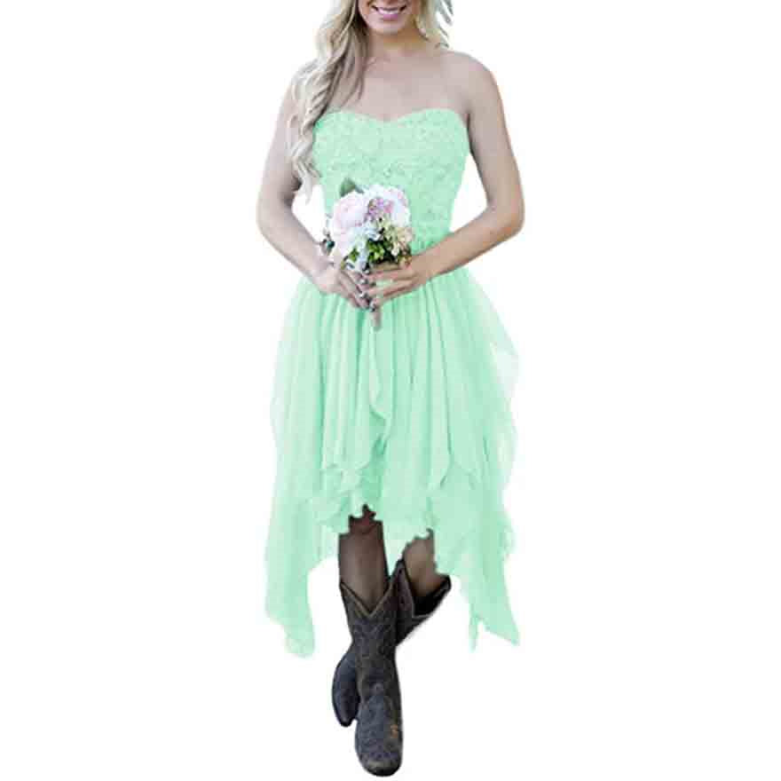 Country High Low Bridesmaid Dress Chiffon Lace Wedding Guest Outfit