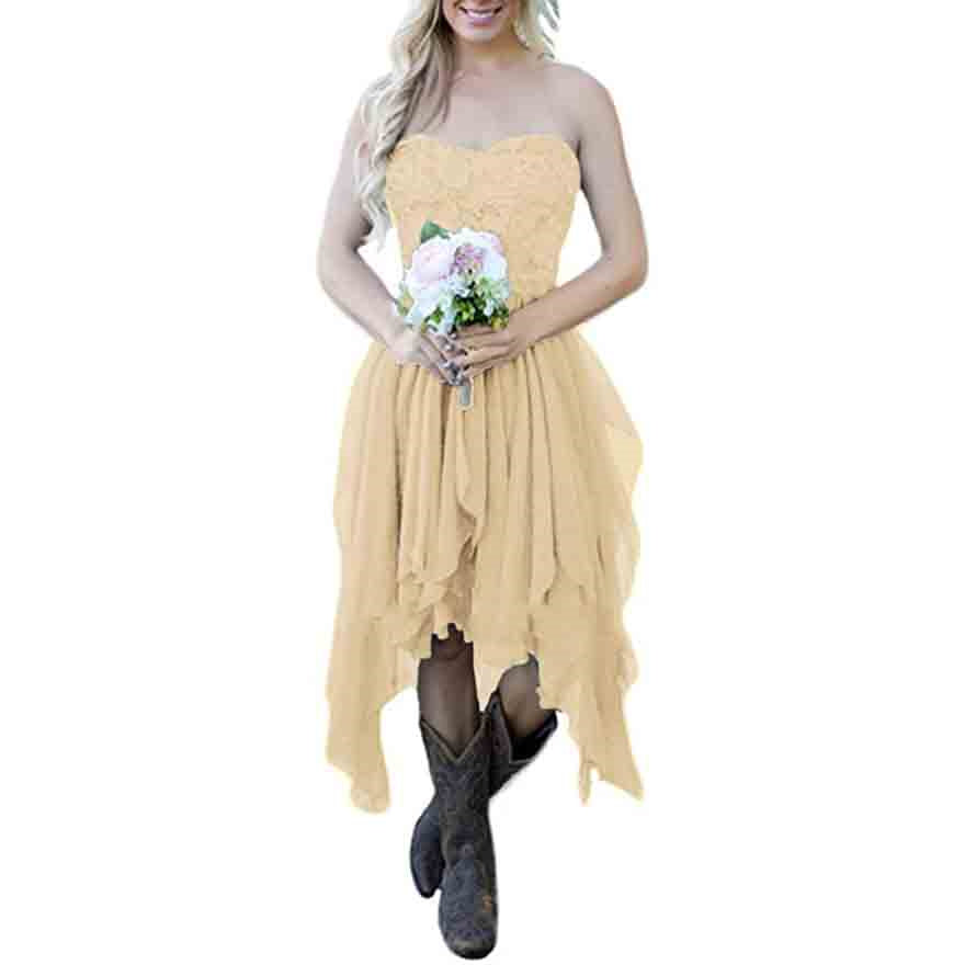 Country High Low Bridesmaid Dress Chiffon Lace Wedding Guest Outfit