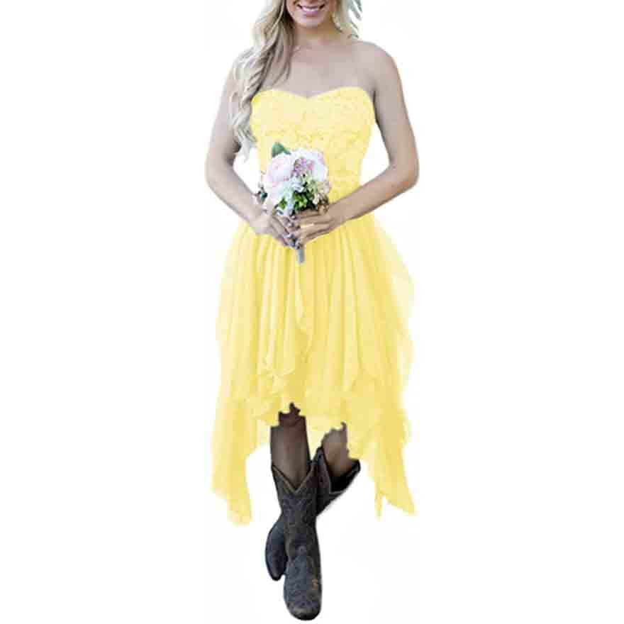 Country High Low Bridesmaid Dress Chiffon Lace Wedding Guest Outfit