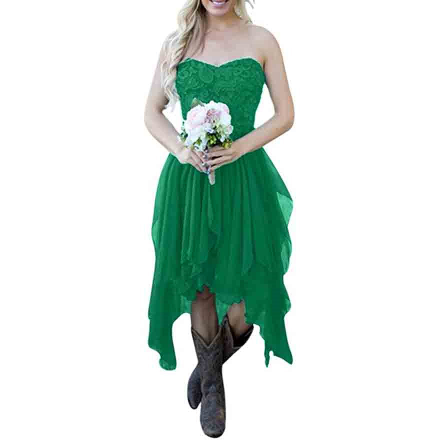 Country High Low Bridesmaid Dress Chiffon Lace Wedding Guest Outfit
