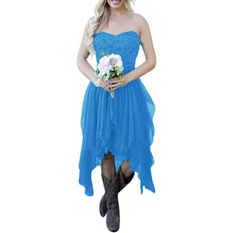 Country High Low Bridesmaid Dress Chiffon Lace Wedding Guest Outfit