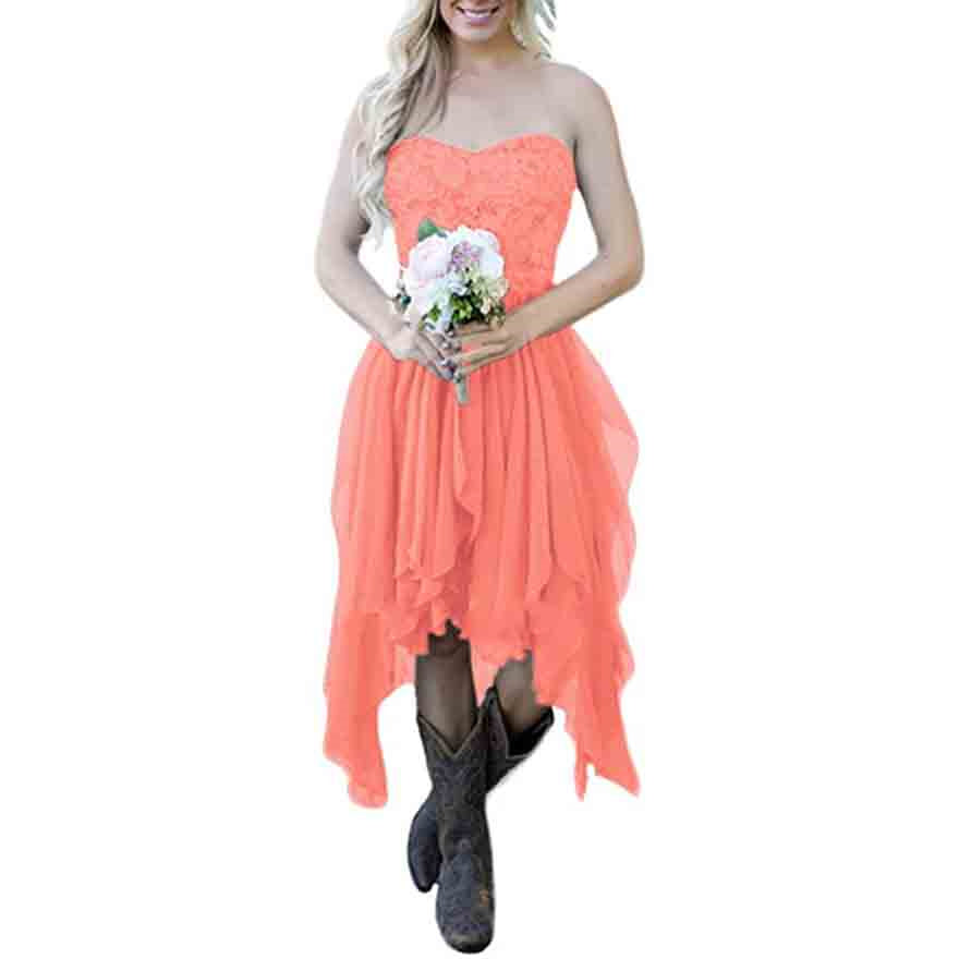 Country High Low Bridesmaid Dress Chiffon Lace Wedding Guest Outfit