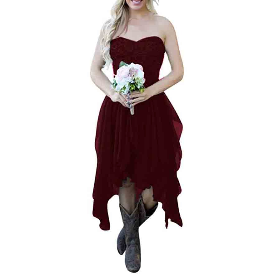 Country High Low Bridesmaid Dress Chiffon Lace Wedding Guest Outfit