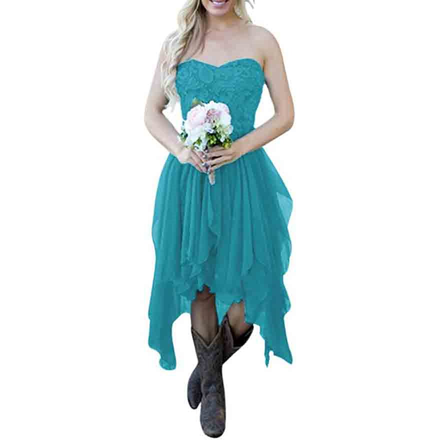 Country High Low Bridesmaid Dress Chiffon Lace Wedding Guest Outfit