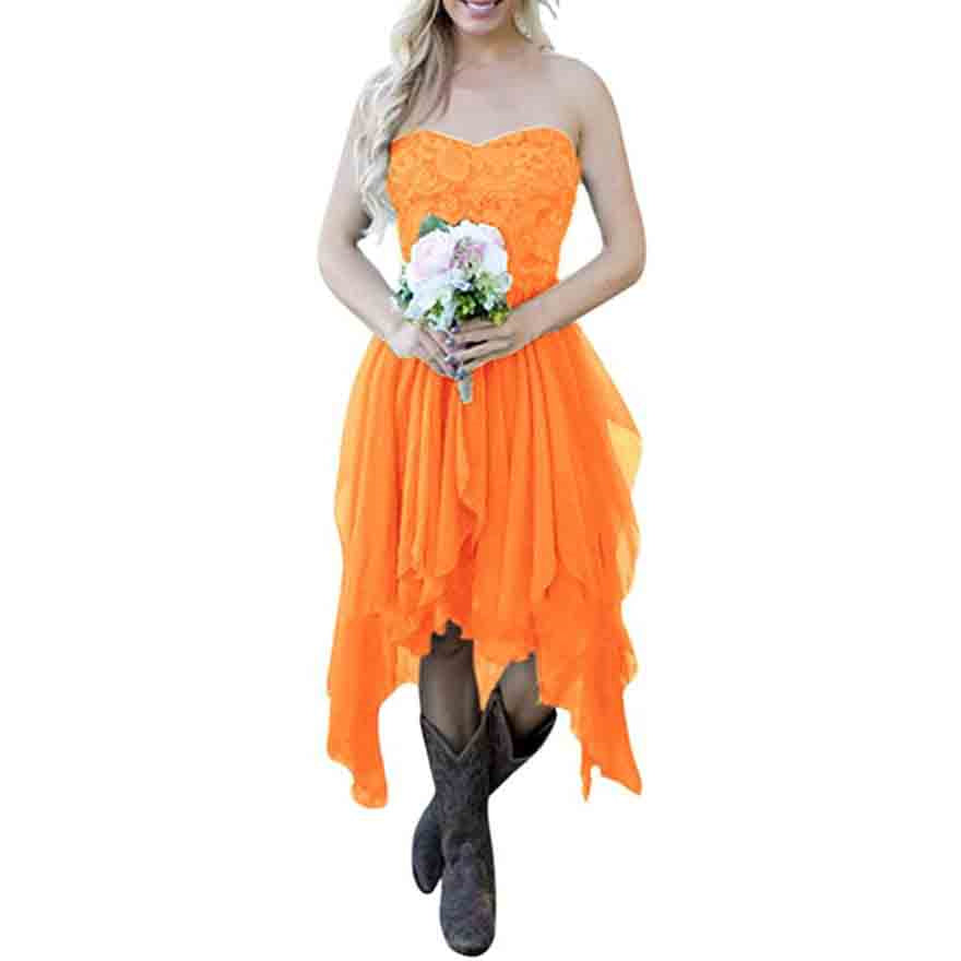 Country High Low Bridesmaid Dress Chiffon Lace Wedding Guest Outfit