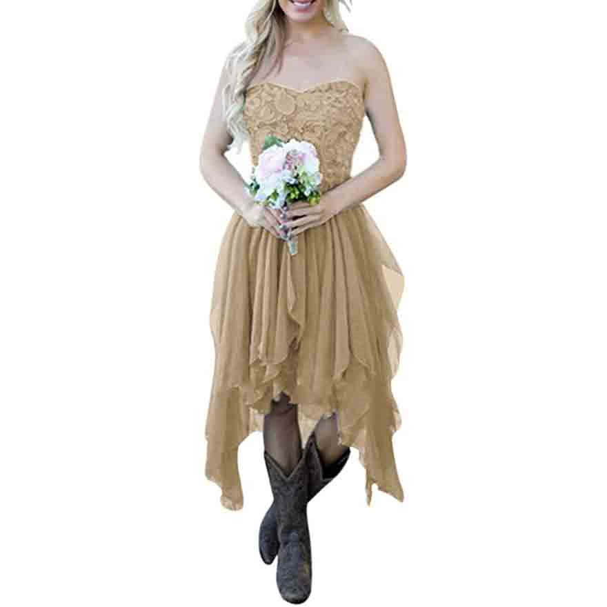 Country High Low Bridesmaid Dress Chiffon Lace Wedding Guest Outfit