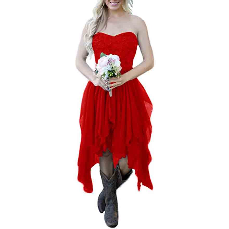 Country High Low Bridesmaid Dress Chiffon Lace Wedding Guest Outfit