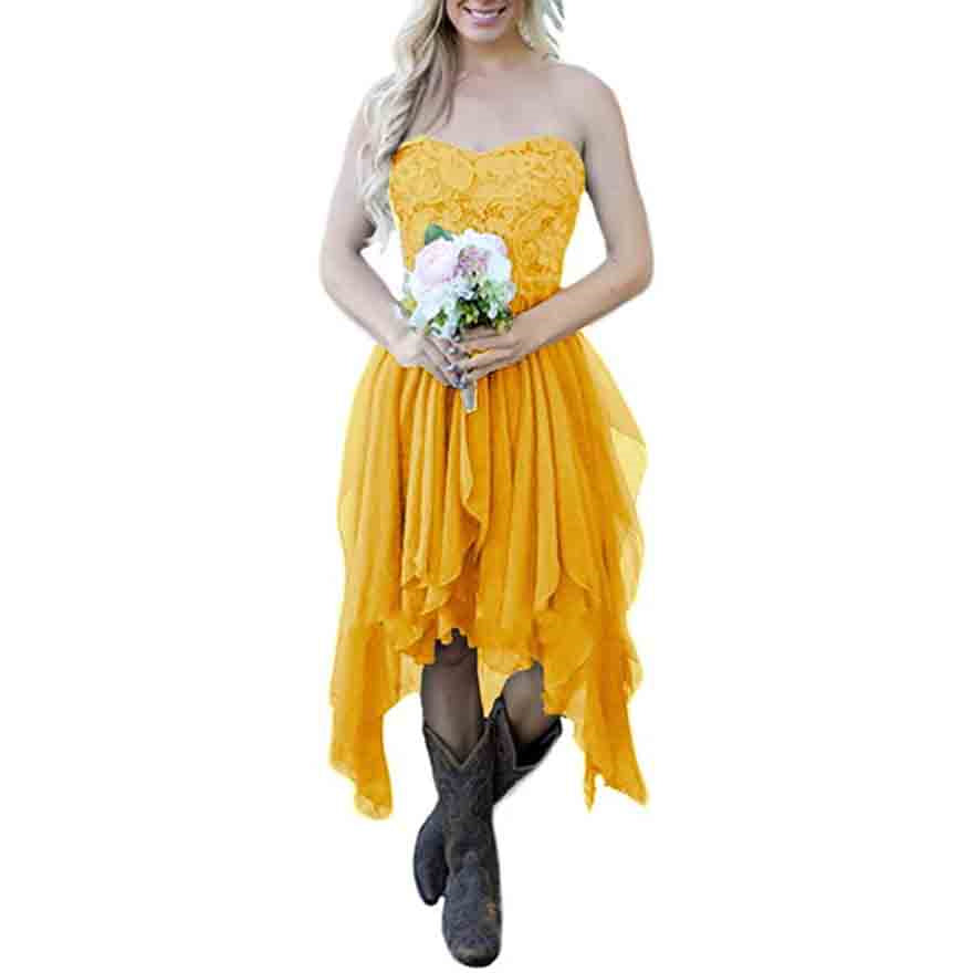 Country High Low Bridesmaid Dress Chiffon Lace Wedding Guest Outfit