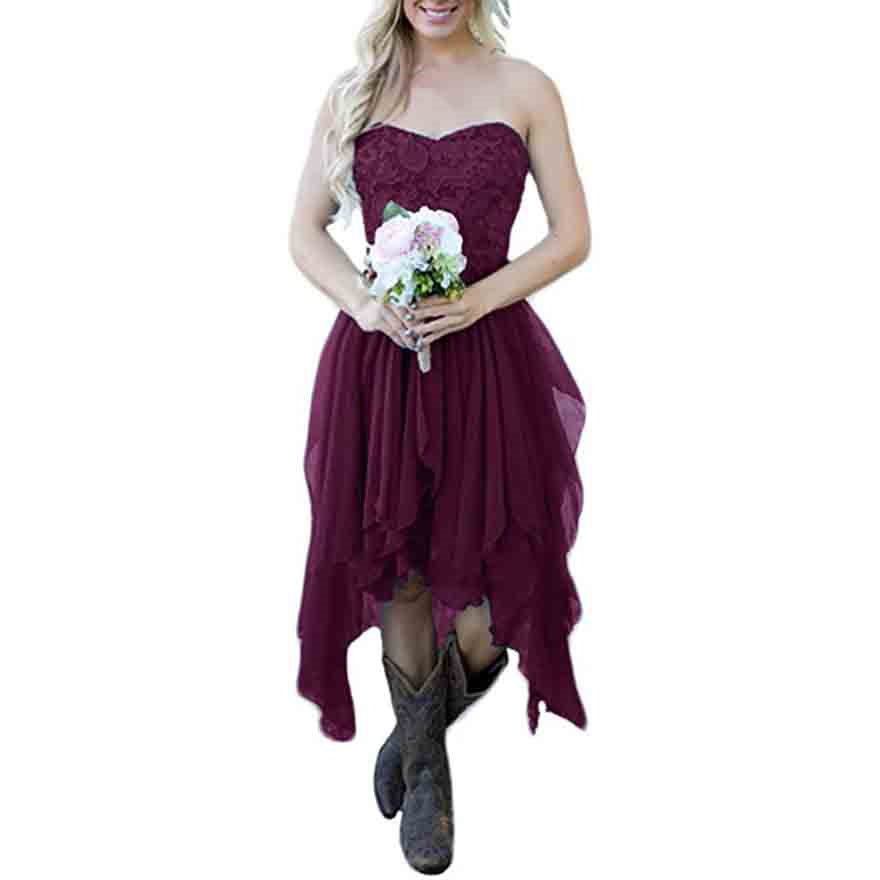 Country High Low Bridesmaid Dress Chiffon Lace Wedding Guest Outfit