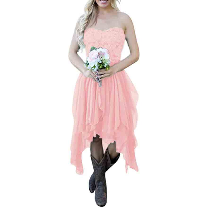 Country High Low Bridesmaid Dress Chiffon Lace Wedding Guest Outfit