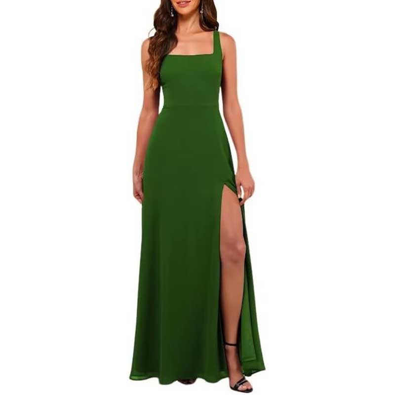 Green prom dress featuring a chiffon bridesmaid dress with high split and square neckline